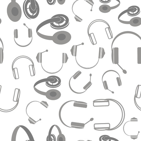 Set of headphones seamless pattern isolated on white background. Musical stereo phones gray silhouettes.のイラスト素材
