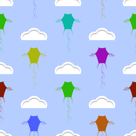 Seamless Pattern  Colored Kites Flying in Blue Sky with Sun and Clouds. Vector illustration.のイラスト素材
