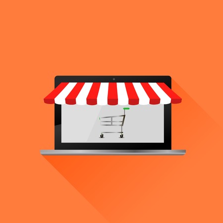 Red White Tent. Open Laptop with Striped Awning Icon Isolated on Orange Background. Online Shoppingのイラスト素材