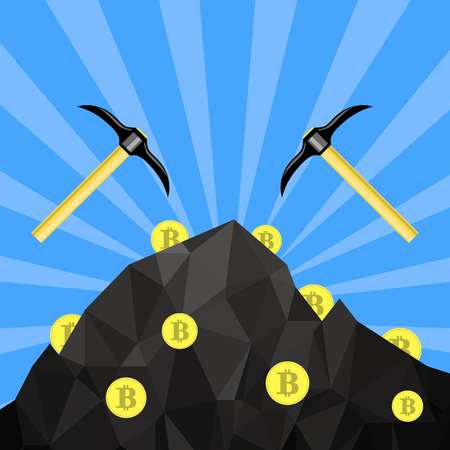 Golden Bitcoin on Blue Background. Crypto Currency Mining with Coins and Pickaxesのイラスト素材