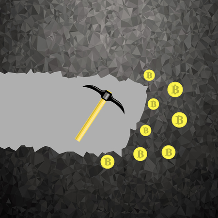 Golden bitcoin on gray polygonal background. Crypto currency mining with coins and pickaxes.のイラスト素材
