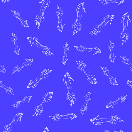 European Squid Silhouette Seamless Pattern Isolated on Blue Background. Cute Seafood. Animal Under Water. Sea Monsterの写真素材