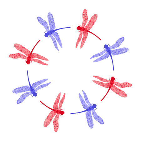 Stylized red and blue dragonfly frame isolated on white background.のイラスト素材