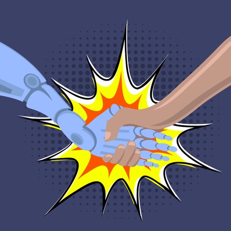 Robot Arm Shaking. Cyber Communication Design Concept. Male Robot and Human Holding Hands with Handshake. Artificial Intelligence Technology Design.のイラスト素材