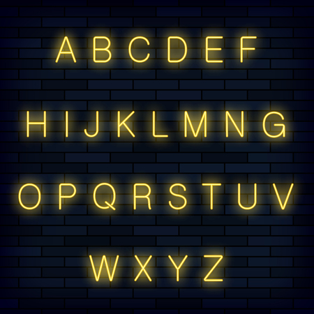 Yellow Neon Alphabet on Blue Brick Background. Retro Bright Letters. Realictic Type Set. Graphic Font Design.のイラスト素材