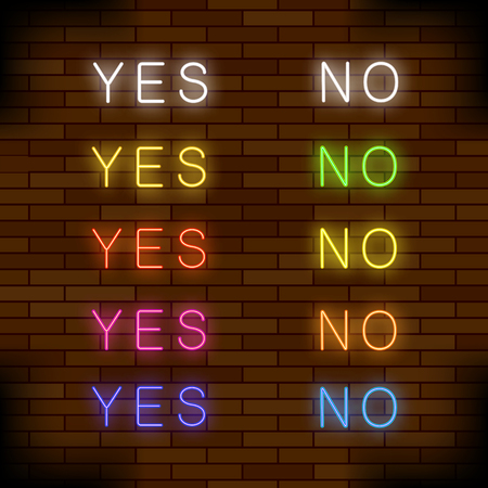 On and Off Lamp Neon Light Toggle Switch Sign. Colorful Fluorescent Light Buttons on Brick Wall Backgroundのイラスト素材