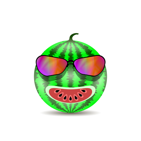 Fresh Sweet Natural Ripe Watermelon Icon with Black Seeds and Modern Sunglasses Isolated on White Backgroundのイラスト素材