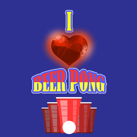 Beer Pong Tournament. Red Plastic Cup and White Tennis Ball on Blue Background. Fun Game for Party. Traditional Drinking Time.のイラスト素材