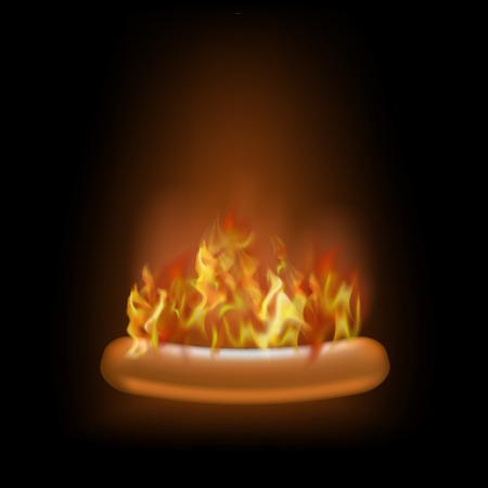 Realistic Burning Grill Sausage and Red Fire Isolated on Black Background. Street Fast Food.のイラスト素材