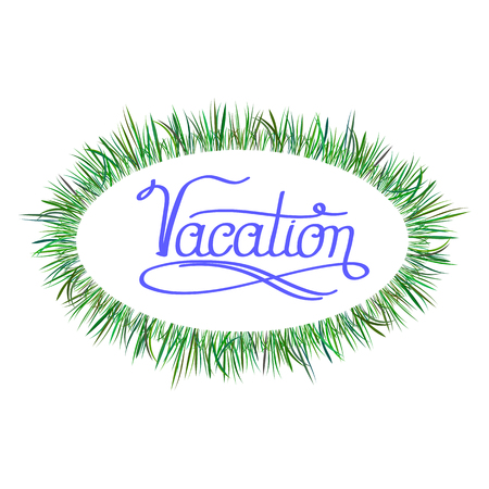 Blue Lettering Vacation Text with Green Oval Fresh Grass Frame. Hand Sketched Vacation Typography Sign for Badge, Icon, Banner, Tag, Illustration, Postcard Posterのイラスト素材