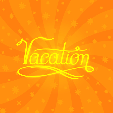 Lettering Vacation Text on Orangge Swirl Starry Background. Hand Sketched Vacation Typography Sign for Badge, Icon, Banner, Tag, Illustration, Postcard Posterのイラスト素材