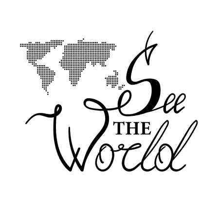Hand Drawn See the World Lettering with Dotted Map Isolated on White Background. Typography Sign for Badge, Icon, Banner, Tag, Illustrationのイラスト素材