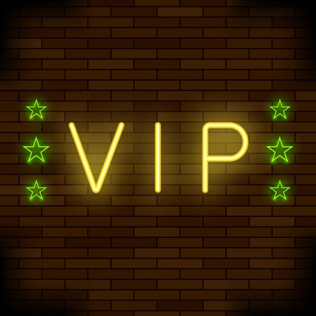 VIP Logo Neon Colorful Sign on Dark Brick Background. Night City Bannerのイラスト素材