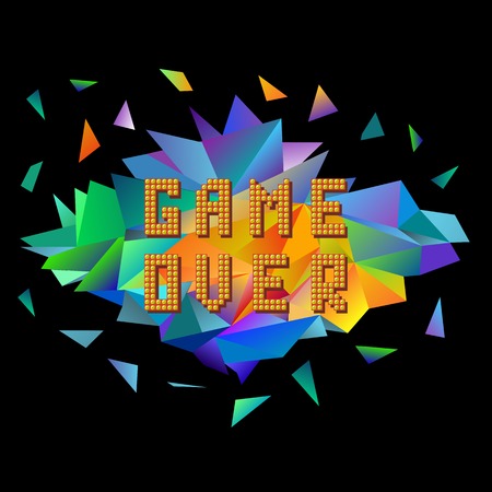 Retro Pixel Game Over on Colorful Polygonal Banner. Gaming Concept. Colored Explosion with Parts. Video Game Screen.のイラスト素材