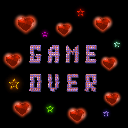 Retro Pixel Game Over Sign with Hearts and Stars on Black Backround. Gaming Concept. Colored Glitch Design. Video Game Screen.のイラスト素材
