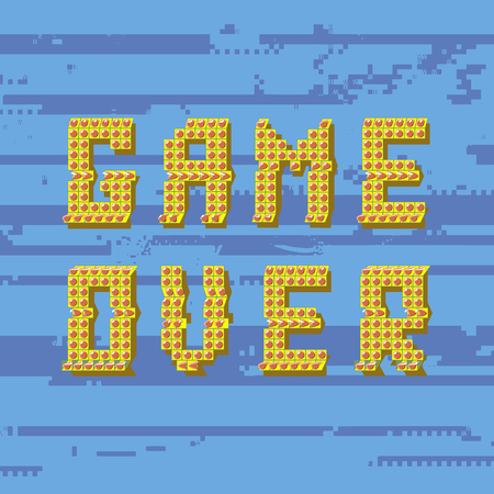 Retro Pixel Game Over Sin on Glitch Blue Banner. Gaming Concept. Video Game Screen.のイラスト素材