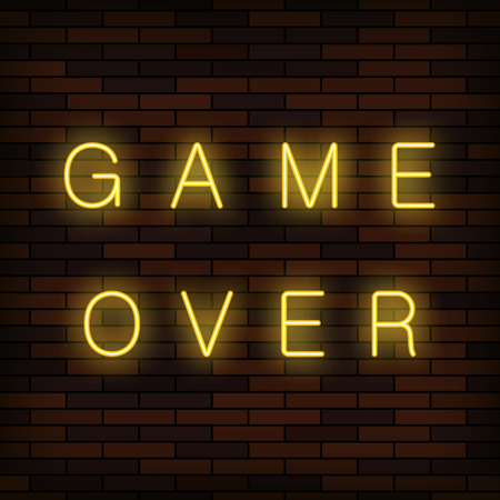 Retro Glass Neon Game Over Sign on Solid Red Brick Wall Background. Gaming Concept. Video Game Screen.のイラスト素材