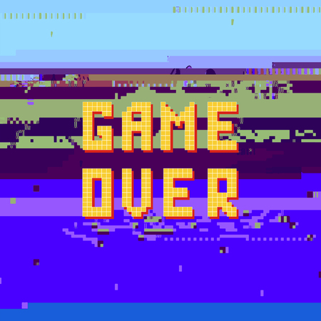 Retro Pixel Game Over Sin on Glitch Blue Banner. Gaming Concept. Video Game Screen.のイラスト素材