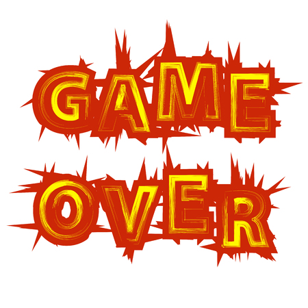 Red Yellow Game Over Sign on White Background. Gaming Concept. Video Game Screen. Typography Design Poster with Letteringのイラスト素材