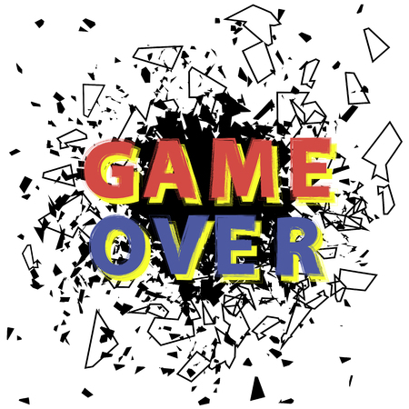 Retro Game Over Sign with Explosion on White Background. Gaming Concept. Video Game Screen.のイラスト素材
