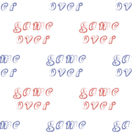 Red Blue Grunge Game Over Sign Seamless Pattern on White Background. Gaming Concept. Video Game Screen. Typography Design Poster with Letteringのイラスト素材