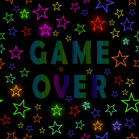 Retro Game Over Neon Sign on Starry Black Background. Gaming Concept. Video Game Screen.のイラスト素材