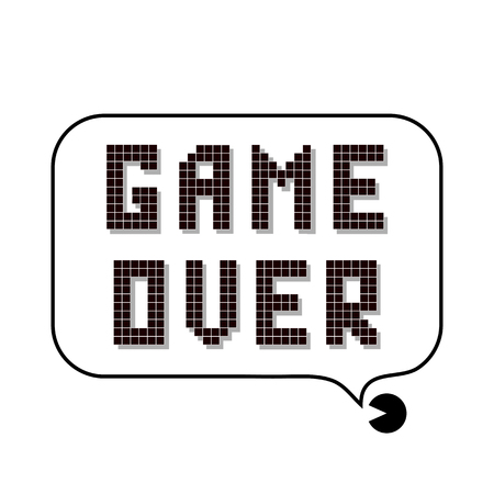Retro Pixel Game Over Sign with Speech Bubble on White Background. Gaming Concept. Video Game Screen.のイラスト素材