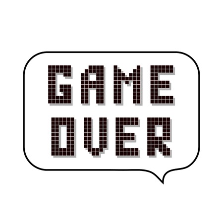 Retro Pixel Game Over Sign with Speech Bubble on White Background. Gaming Concept. Video Game Screen.のイラスト素材