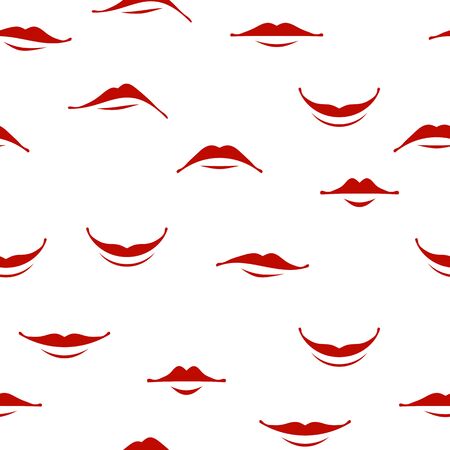 Cartoon Smile Lips Seamless Pattern Isolated on White Background. Set of Red Female Mouth. Lips Collection. Different Facial Expression. Human Sense for Taste. Dental Careのイラスト素材