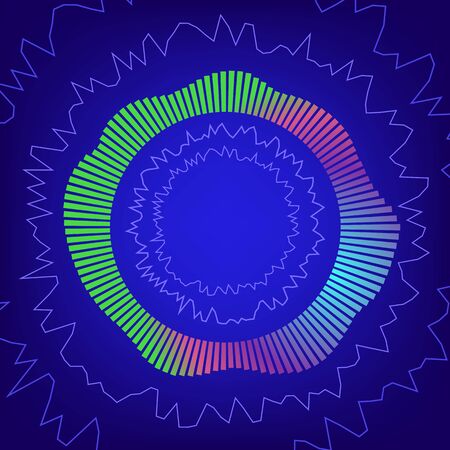 Sound Wave Round Equalizer. Audio Digital technology, Pulse Musical Icon, Colorful Light Neon Technology Wave Concept on Blue Backgroundのイラスト素材