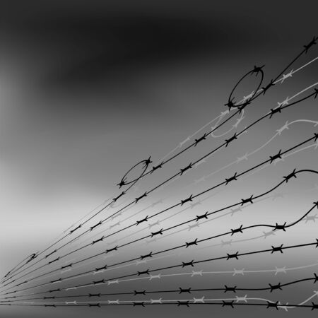 Barbed Wire Fence on Blurred Grey Background. Stylized Prison Concept. Symbol of Not Freedom.のイラスト素材