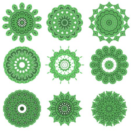 Green Ornamental Line Pattern. Round Texture. Oriental Geometric Ornament.のイラスト素材