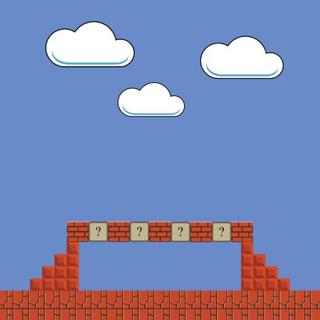 Old Game Background. Classic Retro Arcade Design with Green Pipe and Red Brick. Pixel Videogame Scenery. Video-Game Interface Design Elements.のイラスト素材