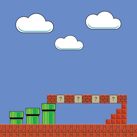Old Game Background. Classic Retro Arcade Design with Green Pipe and Red Brick. Pixel Video Game Scenery. Video-Game Interface Design Elements.のイラスト素材