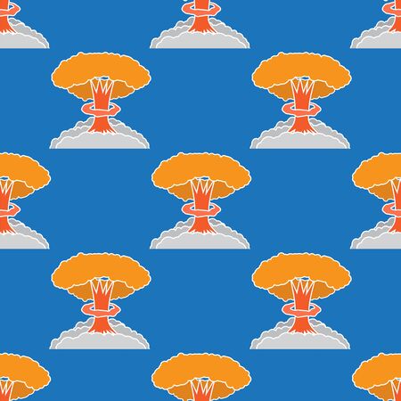Nuclear Burst Seamless Pattern. Cartoon Bomb Explosion Isolated on Blue Background. Radioactive Atomic Power. Symbol of War. Big Mushroom Cloud.のイラスト素材