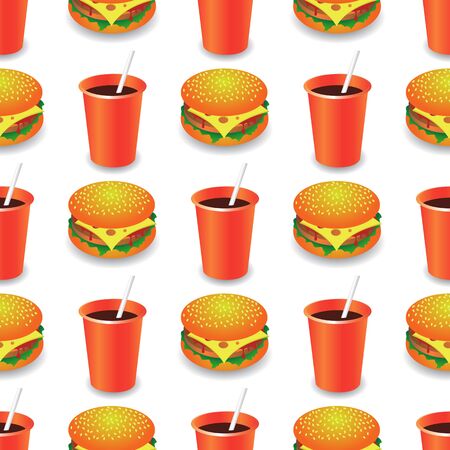 Street Fast Food Seamless Pattern. Fresh Hamburger and Cold Drink. Unhealthy High Calorie Meal. Set of Sandwiches.のイラスト素材