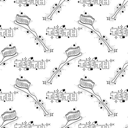 Doodle Medical Seamless Pattern with Toothbrush Isolated on White Background. Oral Hygiene Concept. Cleaning of Oral Cavityのイラスト素材