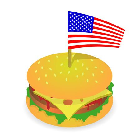 Street Fast Food. Fresh Hamburger and American Flag. Unhealthy High Calorie Meal. Sandwich with Cheese.のイラスト素材