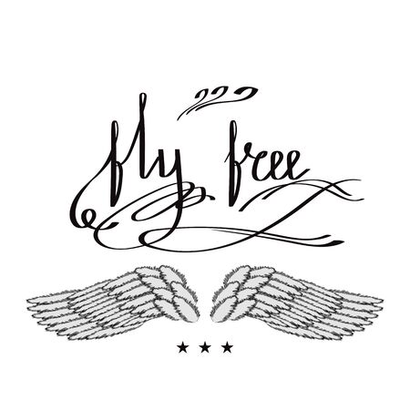 Angel or Phoenix Wings. Winged Design. Part of Eagle Bird. Design Elements for Emblem, Sign, Brand Mark. Fly Free Text. Hand Drawn Motivational Lettering.のイラスト素材