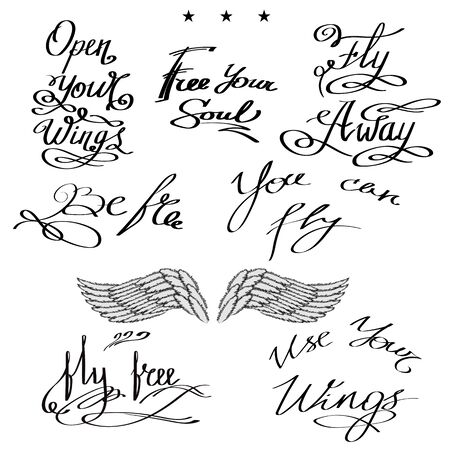Angel or Phoenix Wings. Winged  Design. Part of Eagle Bird. Design Elements for Emblem, Sign, Brand Mark. Fly Away Text. Hand Drawn Motivational Lettering.のイラスト素材