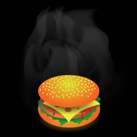 Street Fast Food. Fresh Hamburger. Unhealthy High Calories Meal. Sandwich with Cheese on Black Background.のイラスト素材