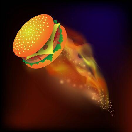 Street Fast Food. Fresh Hamburger. Unhealthy High Calories Meal. Sandwich with Cheese on Dark Background.のイラスト素材