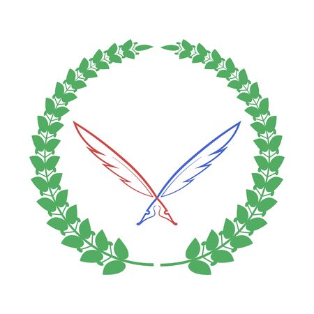 Red Blue Feathers and Green Laurel Icon Isolateed on White Background.のイラスト素材