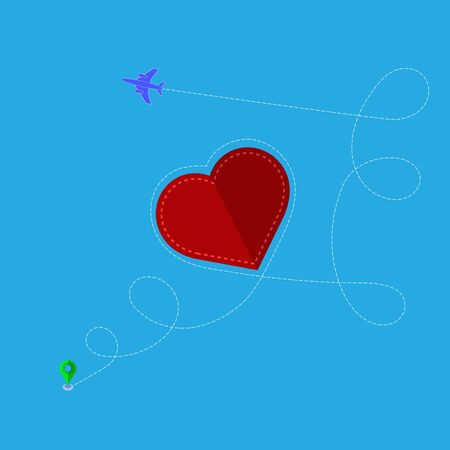 Airplane Flying on Blue Sky Background. Dotted Route Path with Red Heart. Concept of Aviation.のイラスト素材