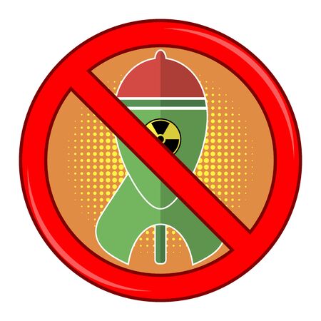 No War Sign Isolated on White Background. Green Atomic Bomb with Radiation Sign on Red Background. Nuclear Rocket. Weapon Icon. Explode Flash, Cartoon Explosion, Nuclear Burst.のイラスト素材