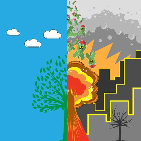 Green Tree and Atomic Bomb with Radiation Sign. Nuclear Rocket. Weapon Icon. Explode Flash, Cartoon Explosion, Nuclear Burst.のイラスト素材