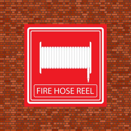 Fire Hose Reel Icon on Orange Brick Wall.のイラスト素材
