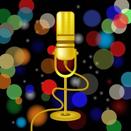 Retro Gold Microphone Icon Isolated on Blurred Colored Lights Background.のイラスト素材
