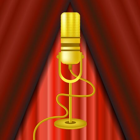 Retro Gold Microphone Icon Isolated on Red Curtain Background.のイラスト素材