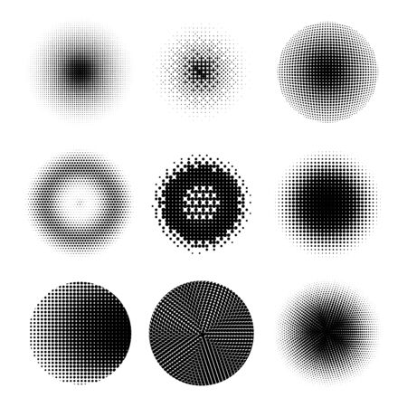 Set of Different Halftone Circles. Set of Dots. Dotted Texture on White Background. Overlay Grunge Template. Distress Linear Design. Fade Monochrome Points. Pop Art Backdrop.のイラスト素材